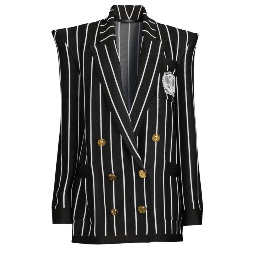 Balmain - Double-Breasted Black White Striped Wool Blazer - FR 38